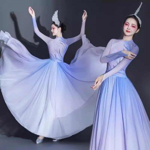 Blue Gradient chinese folk dance dresses for women girls chinese folk classical ancient traditional fairy hanfu fan umbrella dance long dresses 